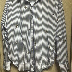 Express Boyfriend Portofino Embellished Crystal Striped Shirt